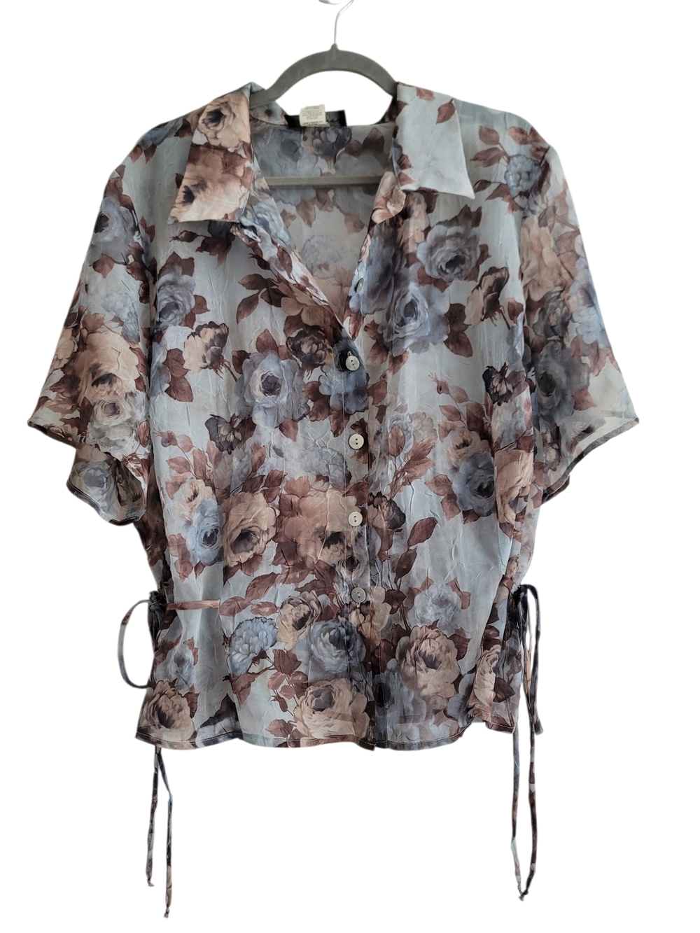 VTG Connected Woman 22W 90s Floral Button Front Blouse Blue Brown Crinkle Tie